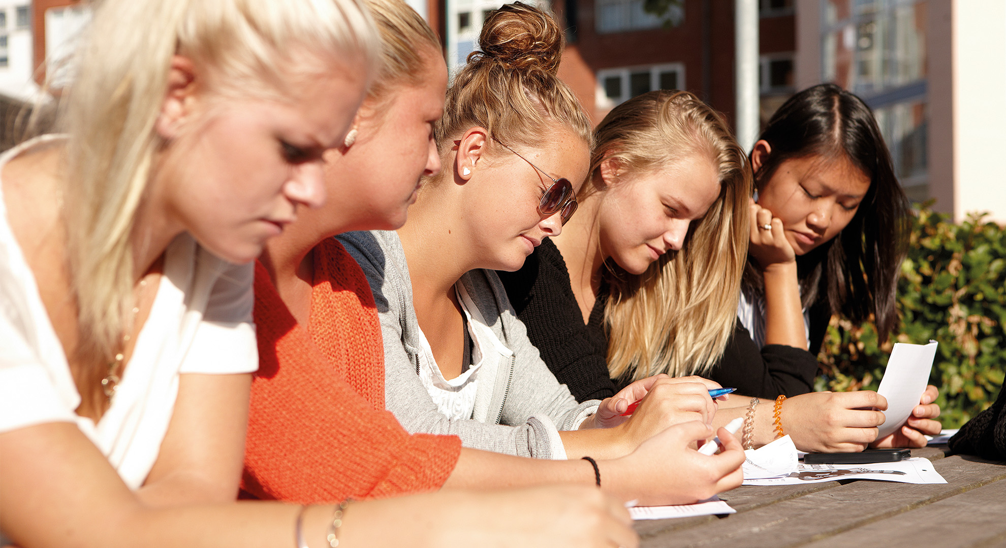 HHX piger laver gruppearbejde i solen i skolegården